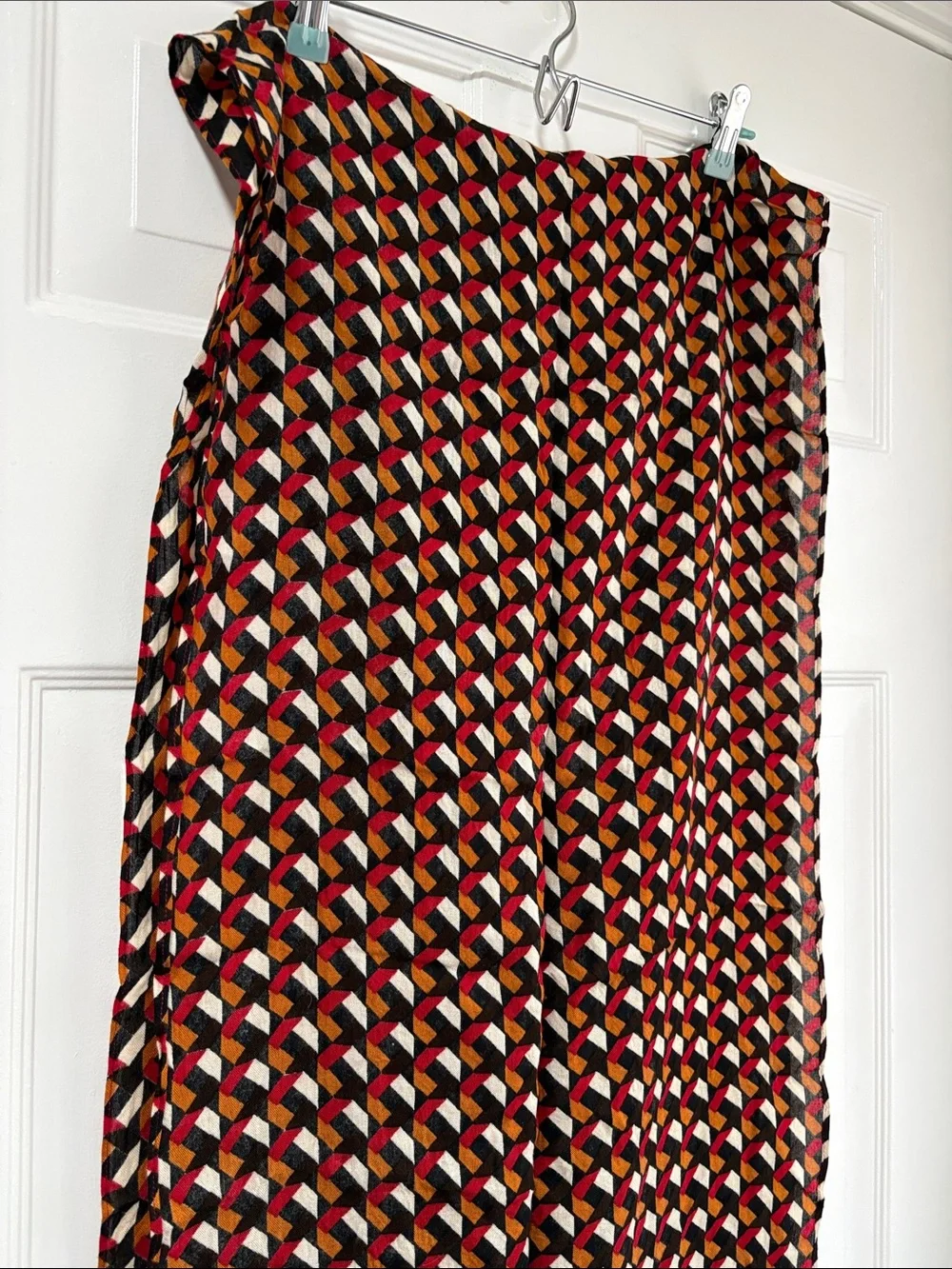 Geometric Print Scarf with Red Fringe